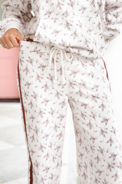 Floral Print Elastic Waist Fleece Sweatpants with Stripes