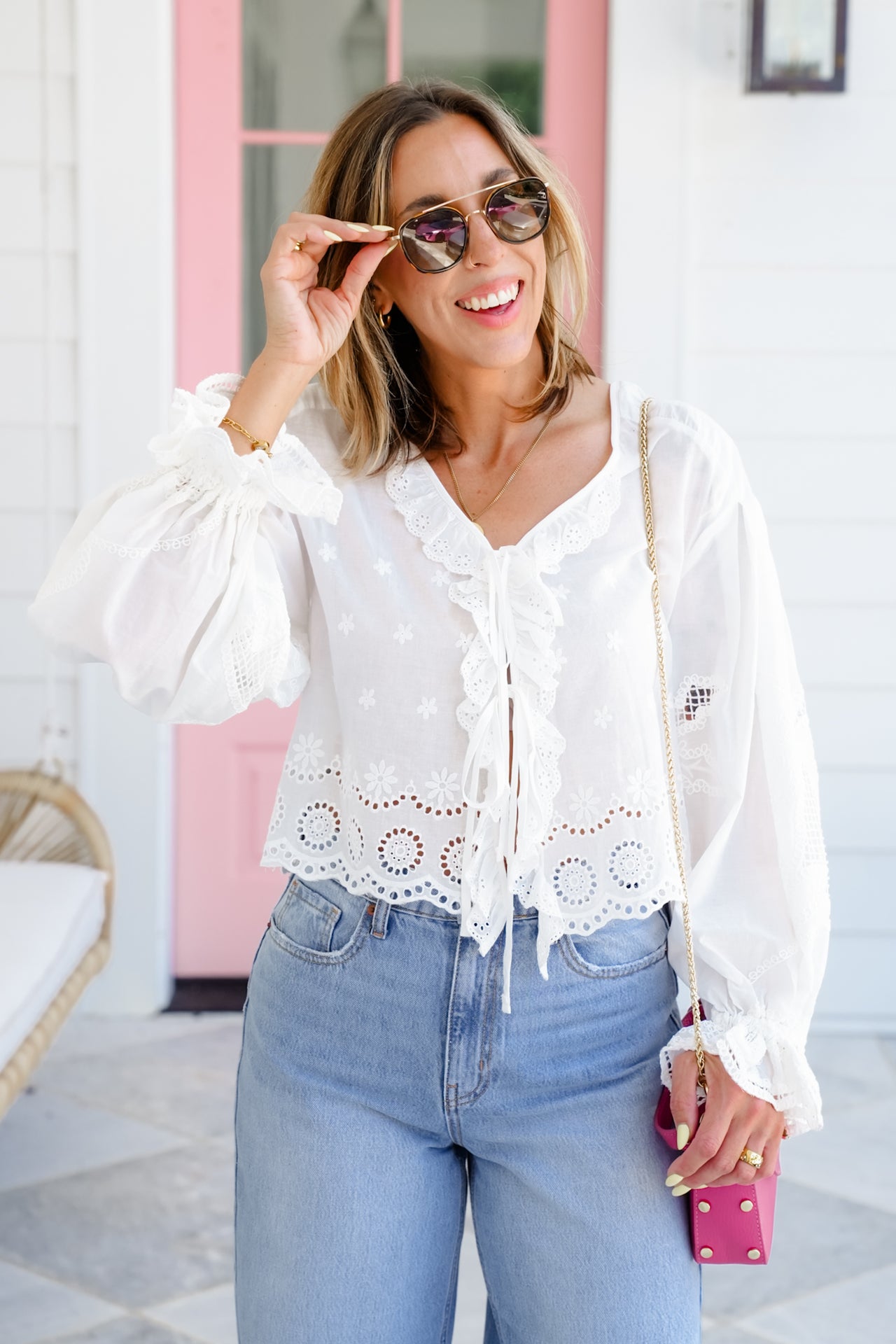 Eyelet Long Ruffle Sleeve Front Tie Embroidered Top