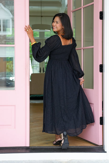 Textured Long Sleeve Maxi Dress with Ruching Detail