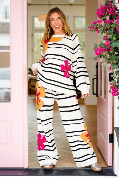 POL Striped Print Elastic Waist Pants with Flowers