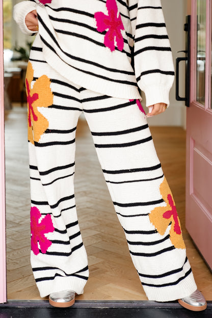 POL Striped Print Elastic Waist Pants with Flowers