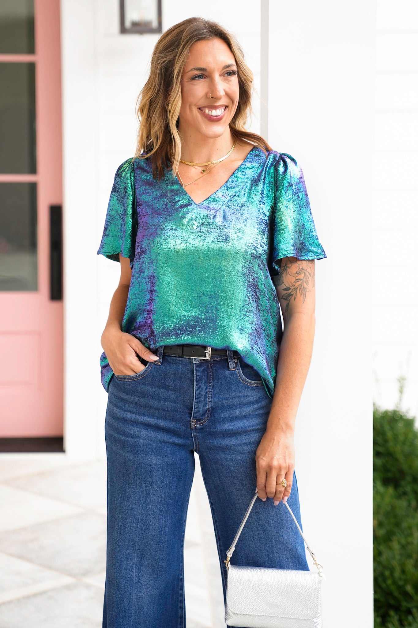 Plus/Reg Metallic Short Ruffle Sleeve V Neck Top