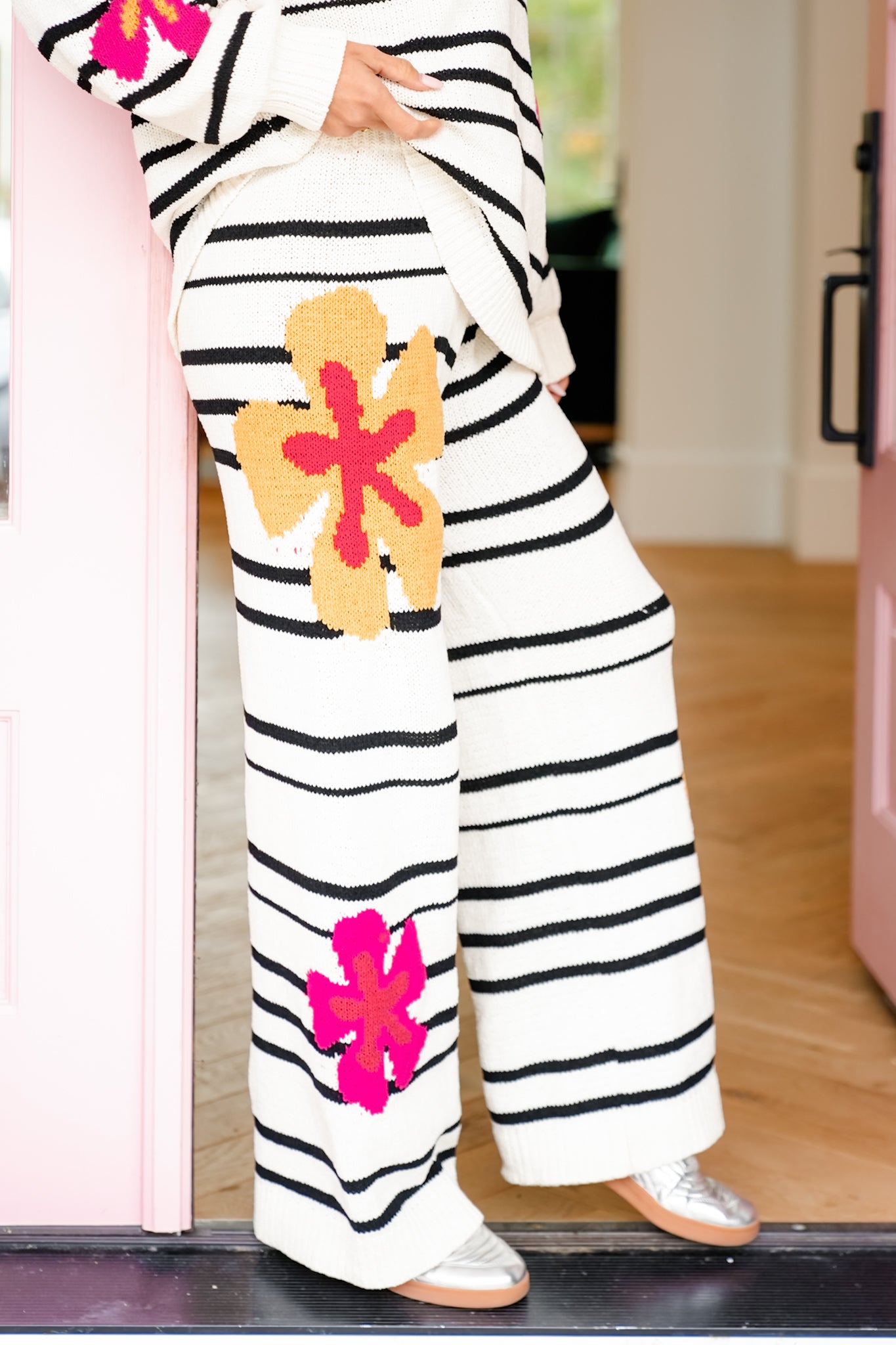 POL Striped Print Elastic Waist Pants with Flowers