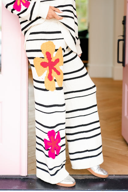 POL Striped Print Elastic Waist Pants with Flowers
