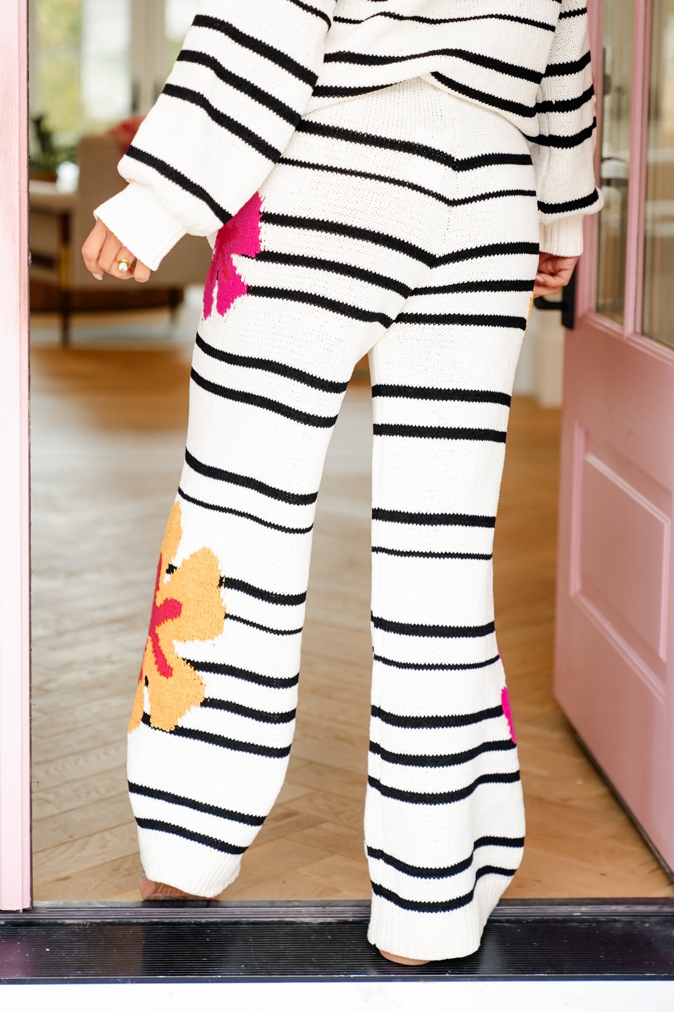 POL Striped Print Elastic Waist Pants with Flowers