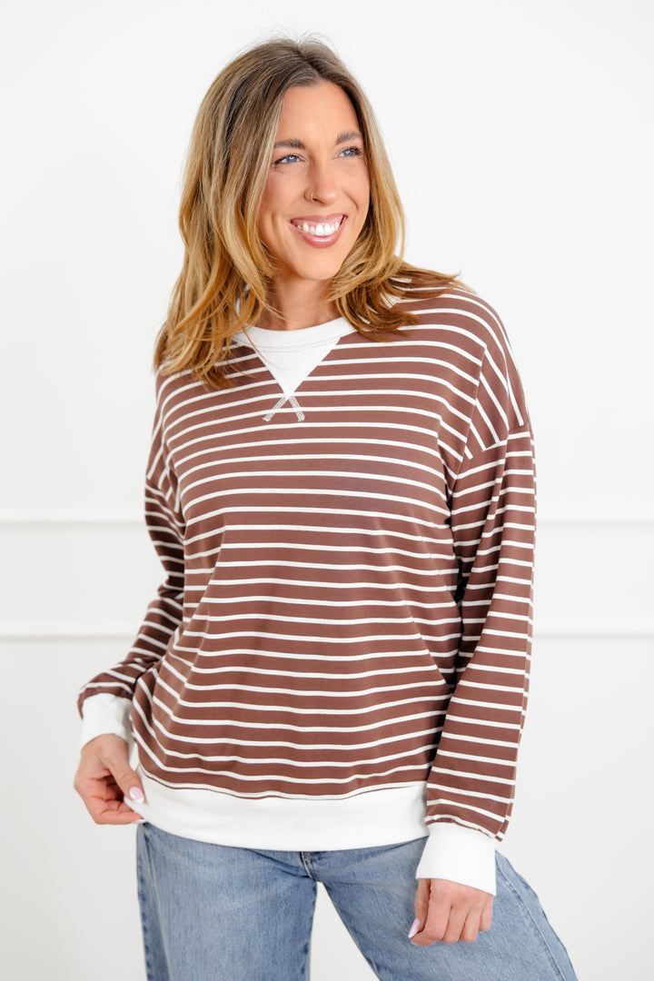 Door Buster! Zenana Striped Long Sleeve Pullover - Freckled Poppy