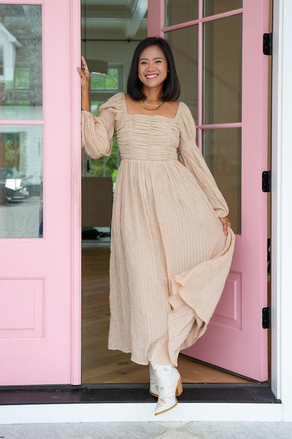 Textured Long Sleeve Maxi Dress with Ruching Detail