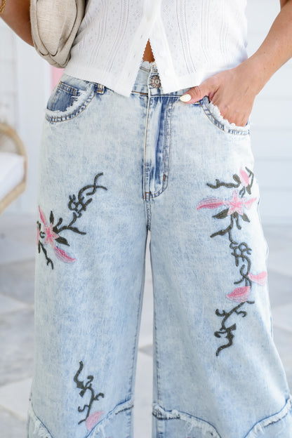 POL Denim Wide Leg Pants with Floral Embroidered Detail