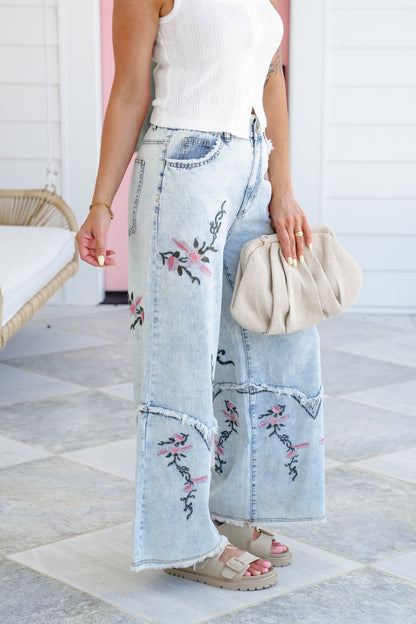 POL Denim Wide Leg Pants with Floral Embroidered Detail