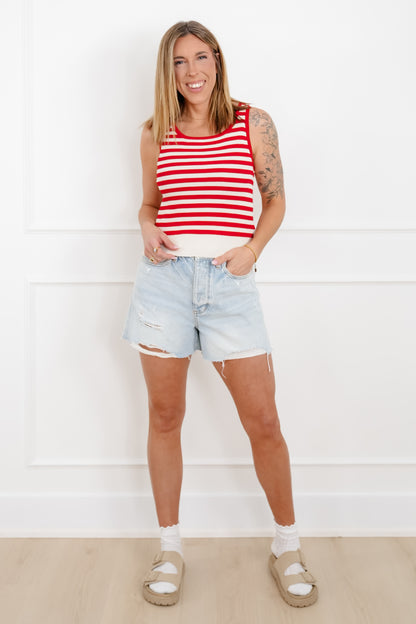 Red Stripe Ribbed Knit Tank Top