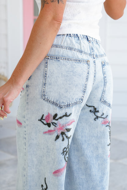 POL Denim Wide Leg Pants with Floral Embroidered Detail