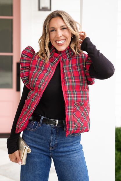 Plaid Flutter Sleeve Zip Up Puff Vest
