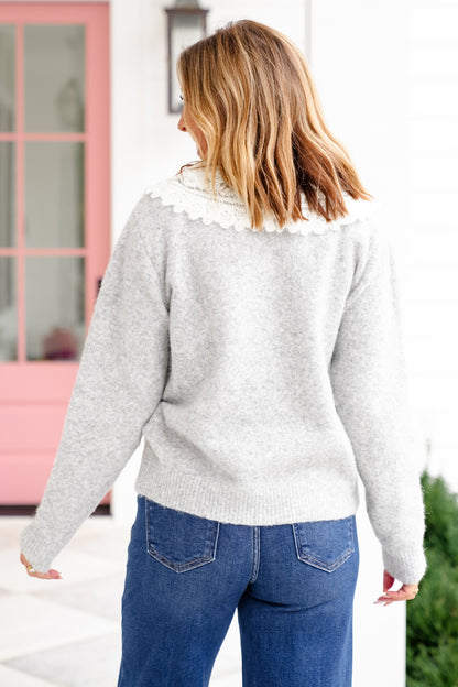 Long Sleeve Button Down Cardigan with Lace Collar