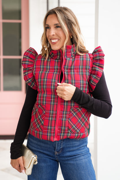 Plaid Flutter Sleeve Zip Up Puff Vest