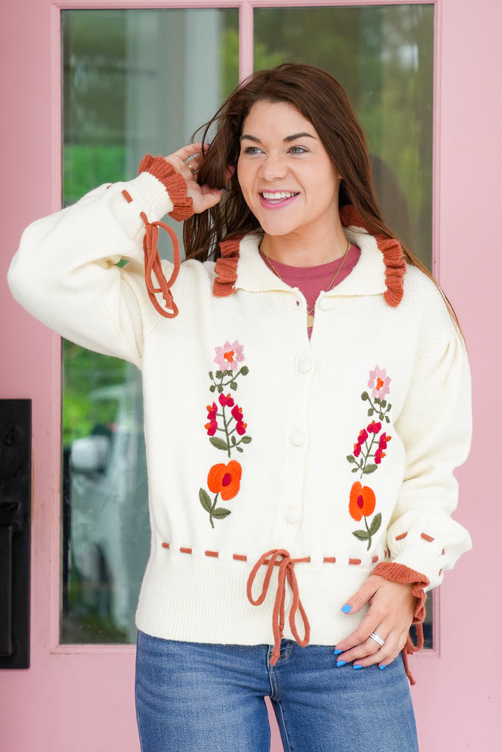 Floral Embroidered Long Sleeve Knit Cardigan