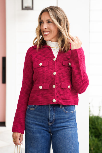 Textured Knit Long Sleeve Cardigan with Gold Buttons
