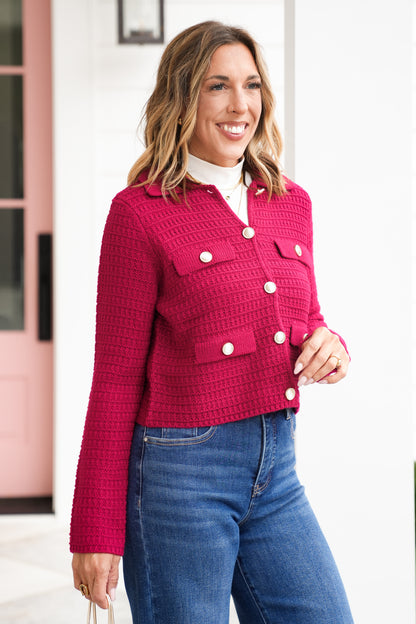 Textured Knit Long Sleeve Cardigan with Gold Buttons