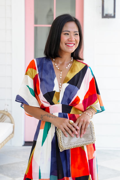 Multi Color Print Short Sleeve V-Neck Maxi Dress