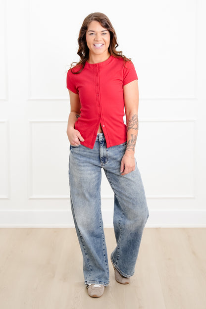 Ribbed Short Sleeve Button Down Top