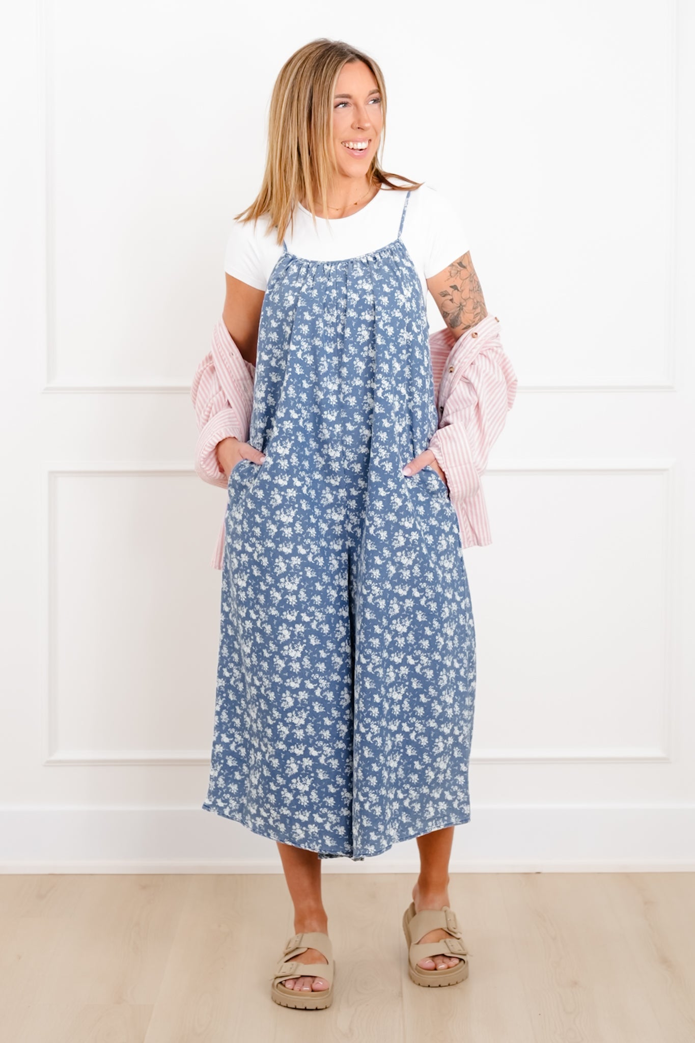 Floral Print Sleeveless Wide Leg Jumpsuit