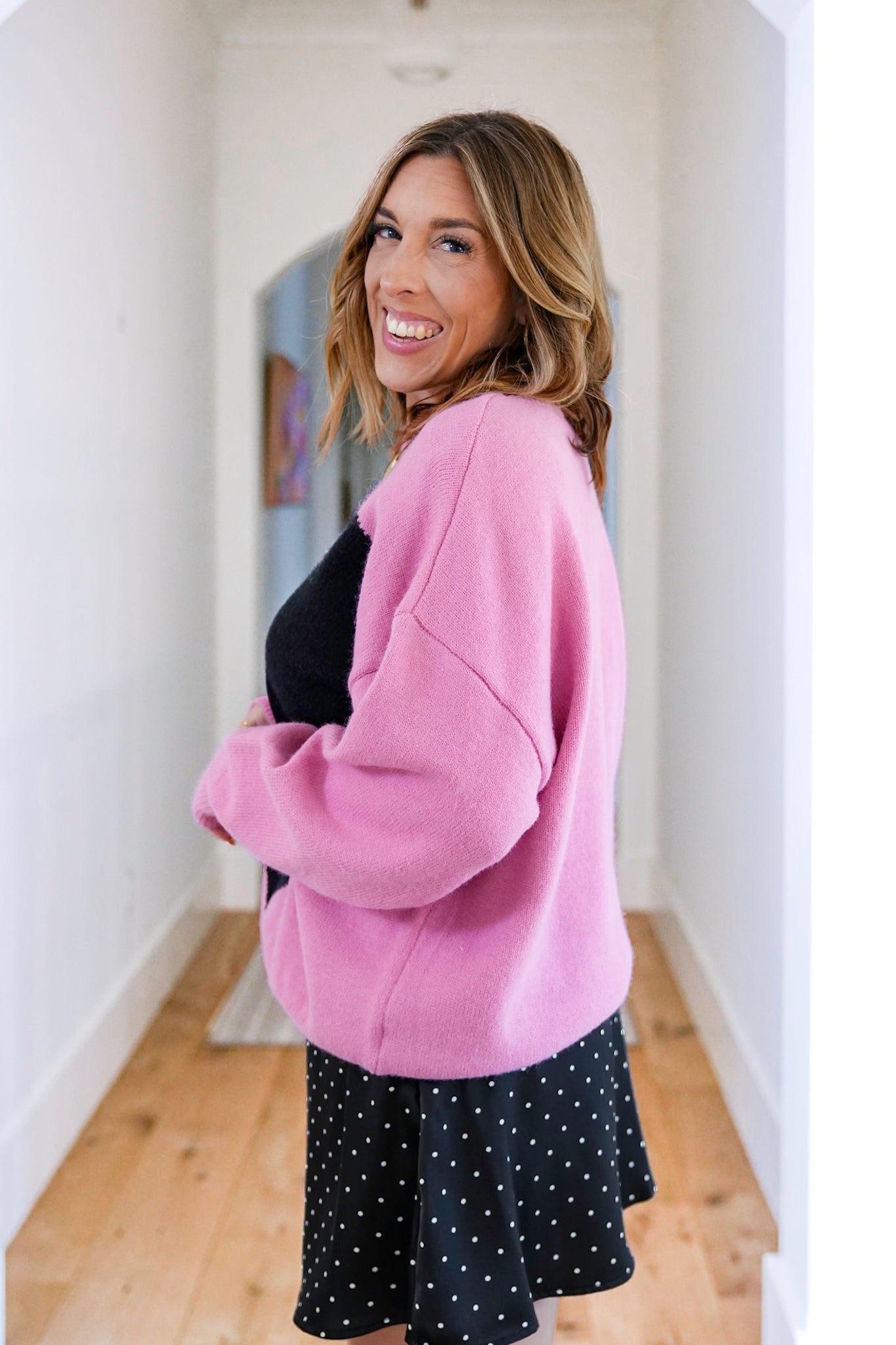 Plus/Reg Pink Long Sleeve Pullover Sweater with Heart Detail