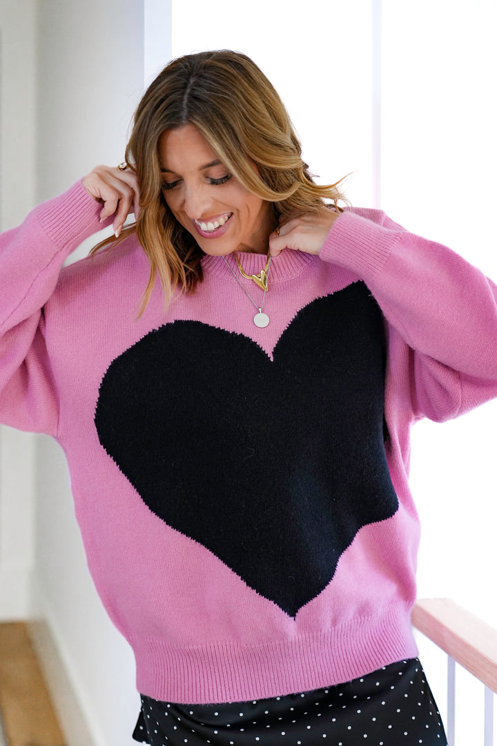 Plus/Reg Pink Long Sleeve Pullover Sweater with Heart Detail