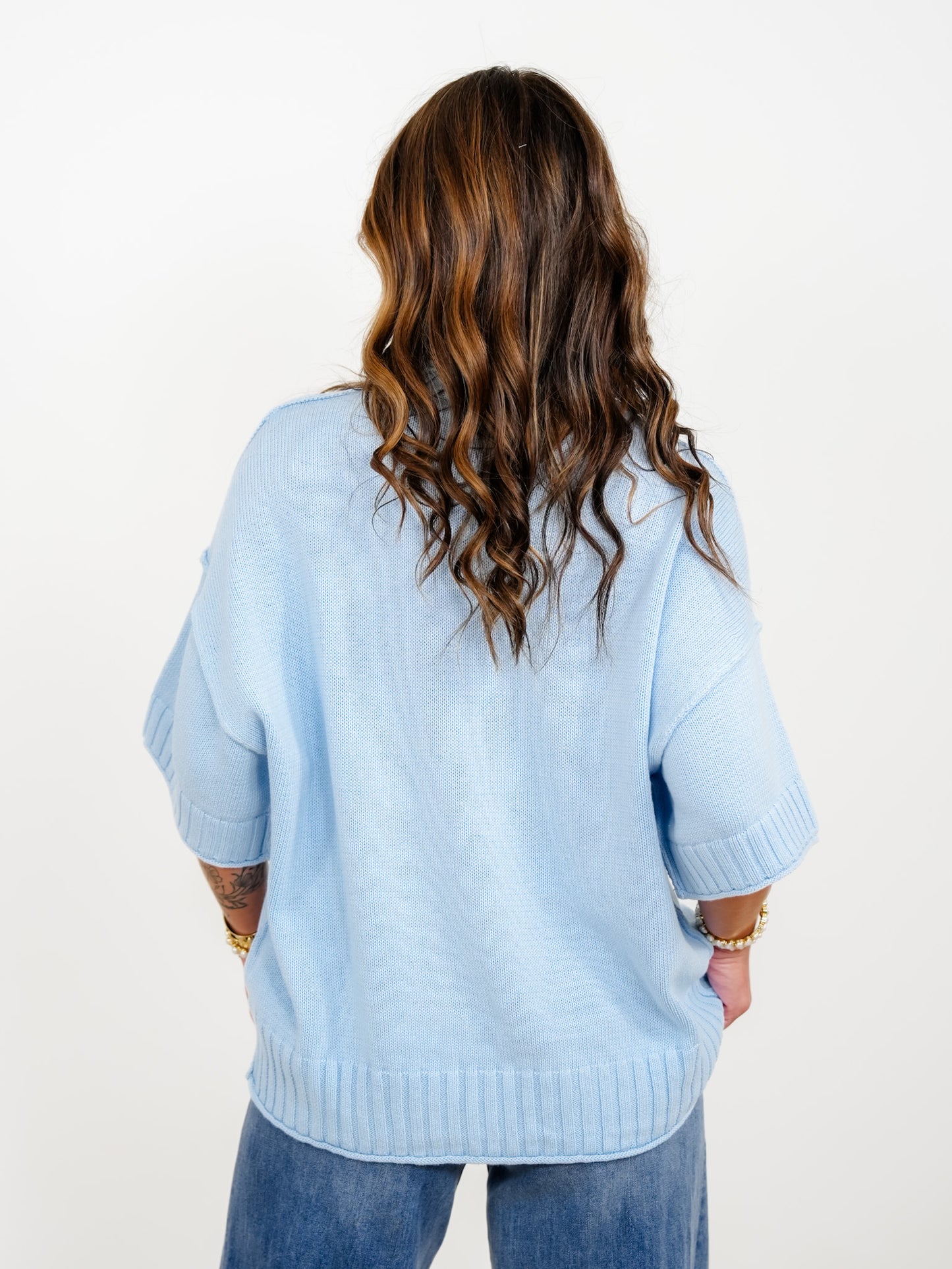 Solid Color Short Sleeve Crewneck Sweater