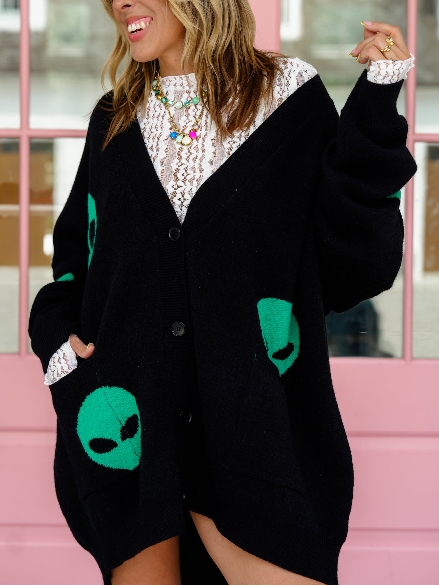 Alien Pattern Long Sleeve Button Down Cardigan