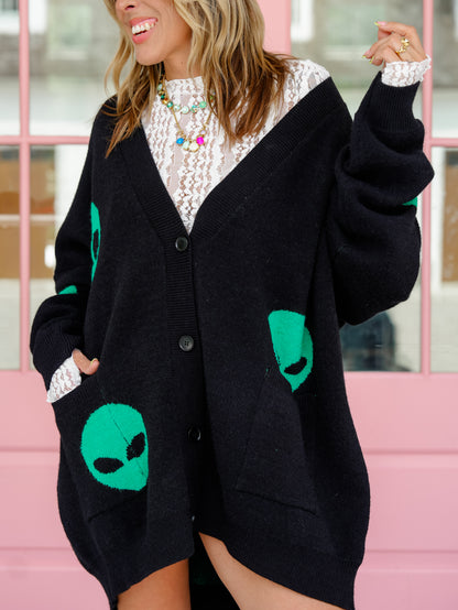 Alien Pattern Long Sleeve Button Down Cardigan - Freckled Poppy