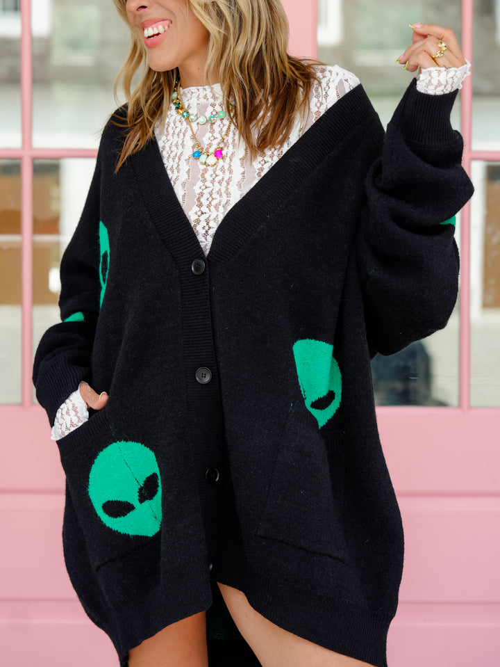 Alien Pattern Long Sleeve Button Down Cardigan