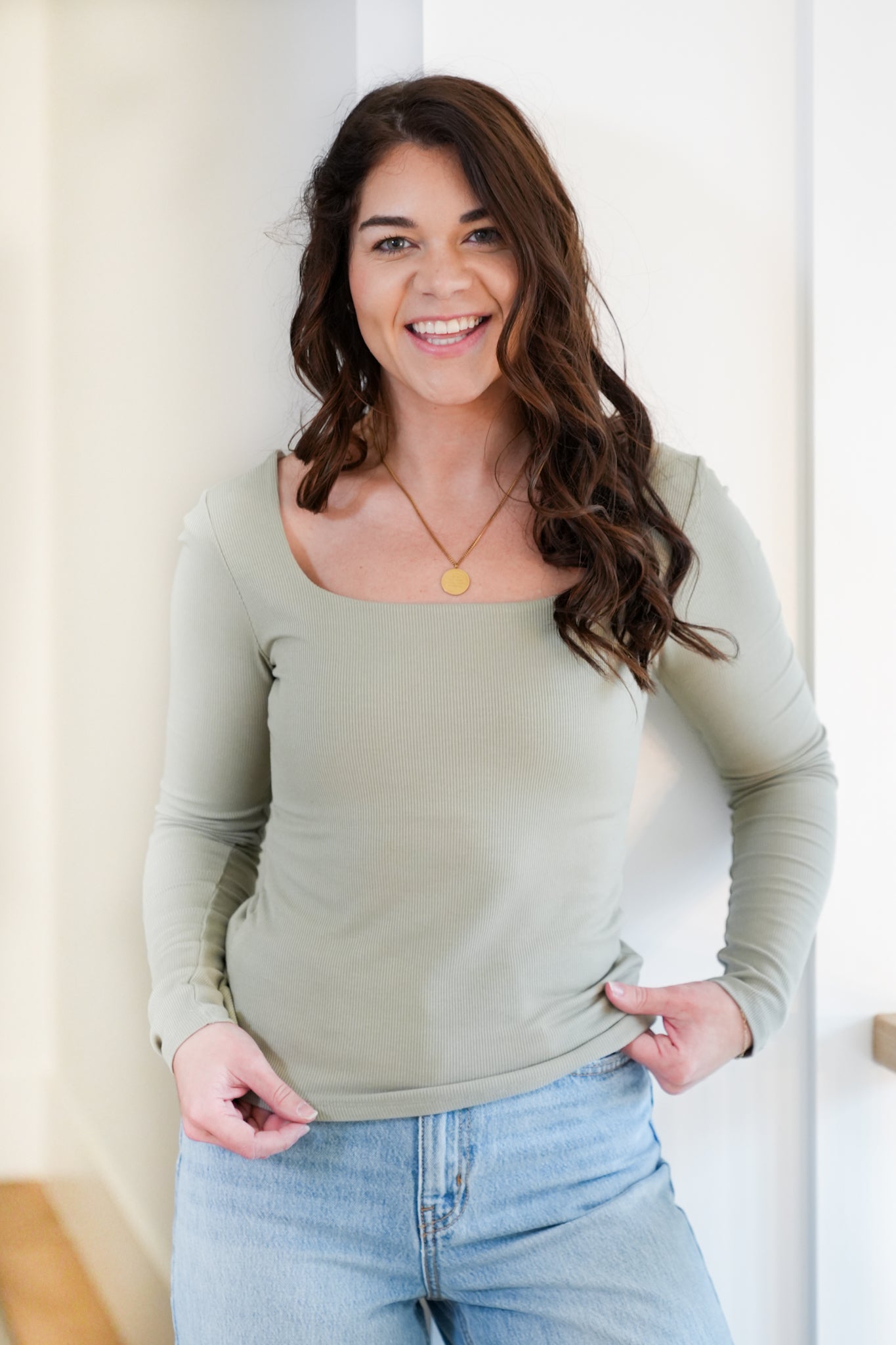 Ribbed Knit Long Sleeve Square Neck Top