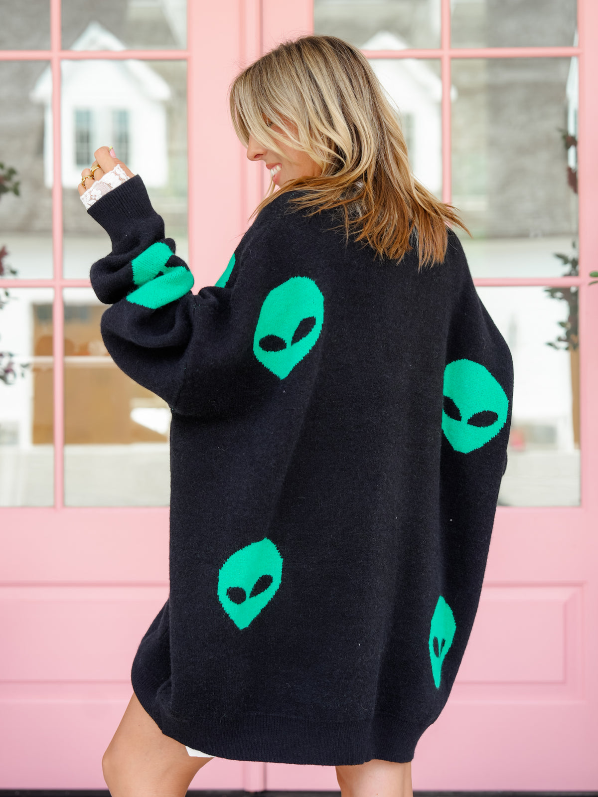Alien Pattern Long Sleeve Button Down Cardigan - Freckled Poppy