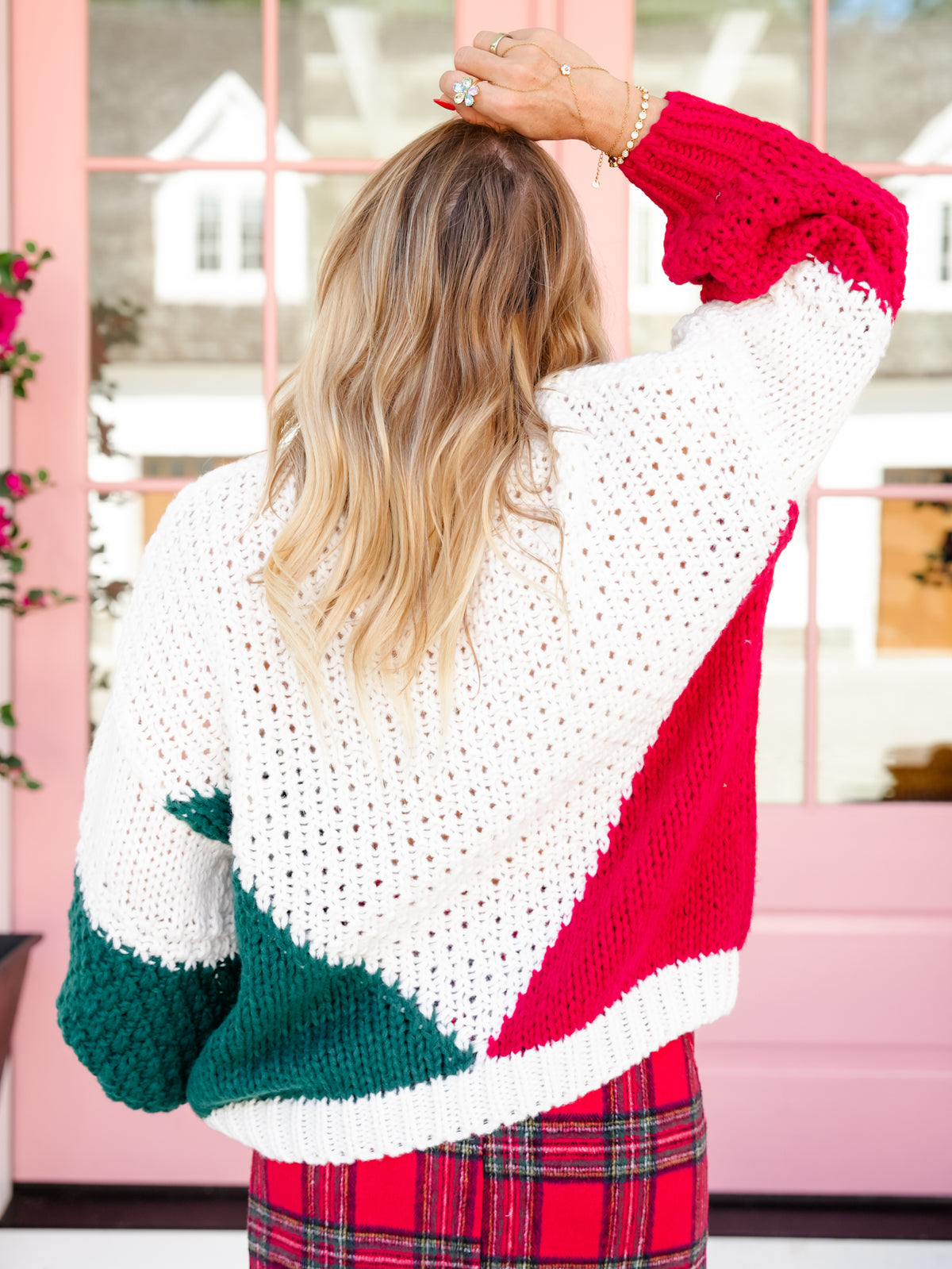 Red, White & Green Color Block Chunky Knit Sweater