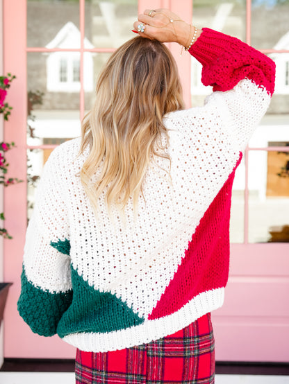 Red, White & Green Color Block Chunky Knit Sweater