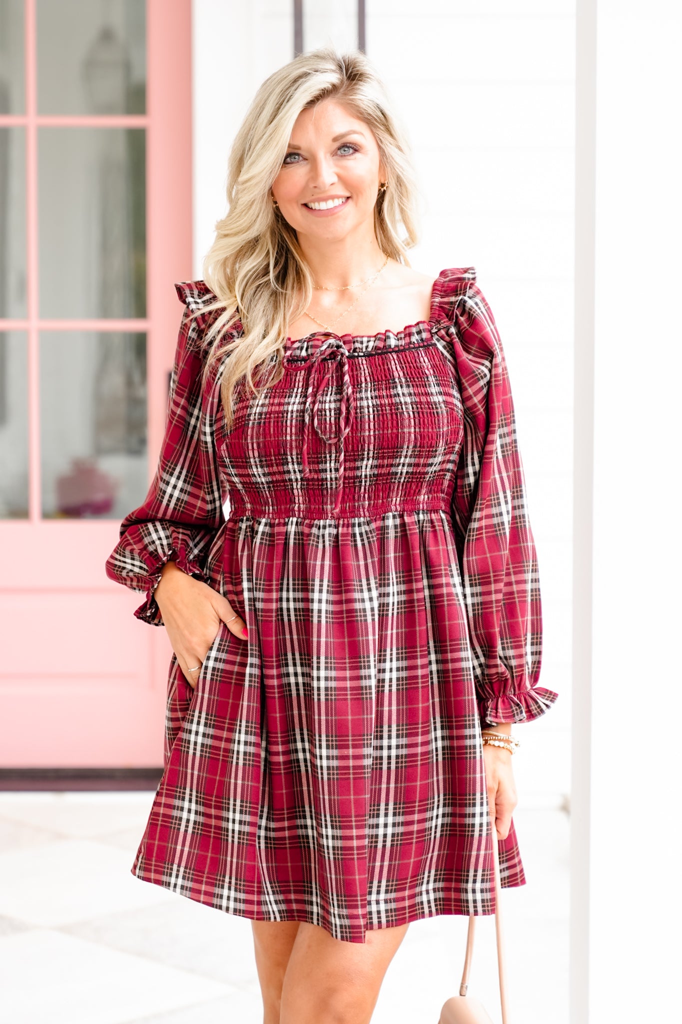 Plaid Long Sleeve Ruffle Mini Dress S