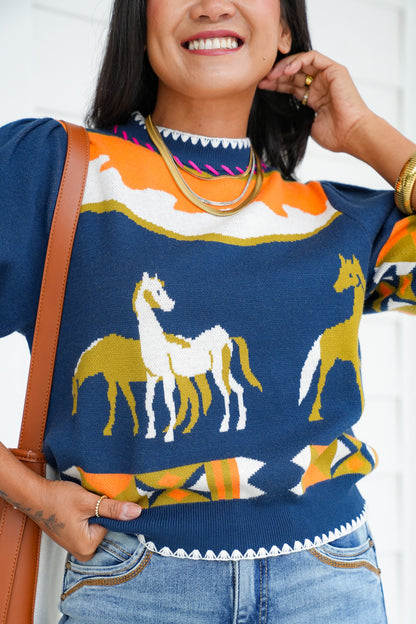 Short Sleeve Pullover Sweater with Horse Detail