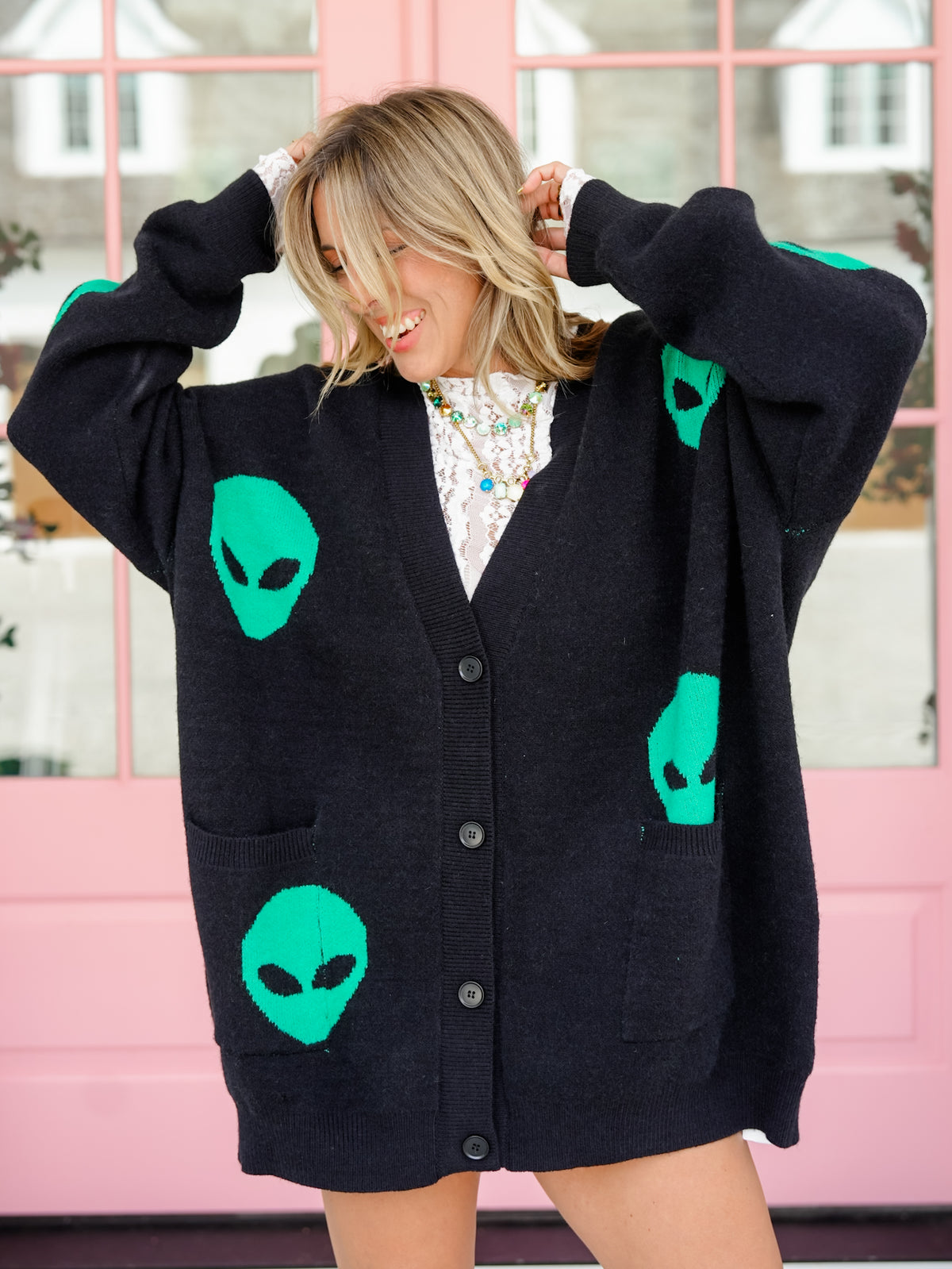 Alien Pattern Long Sleeve Button Down Cardigan - Freckled Poppy