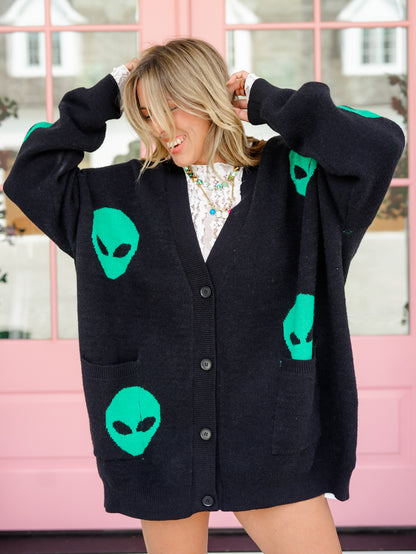 Alien Pattern Long Sleeve Button Down Cardigan - Freckled Poppy