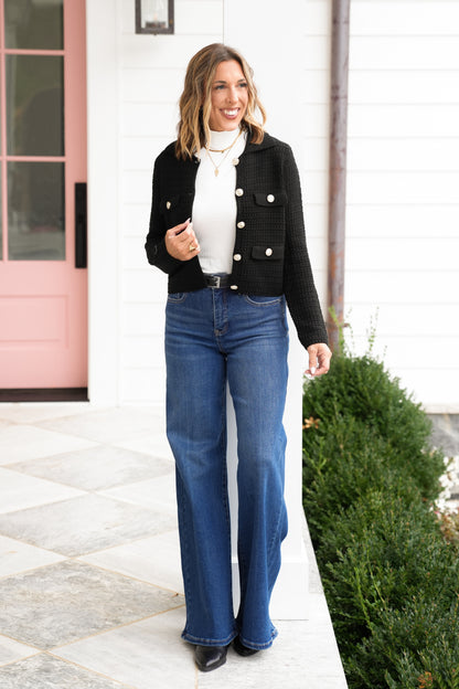 Textured Knit Long Sleeve Cardigan with Gold Buttons