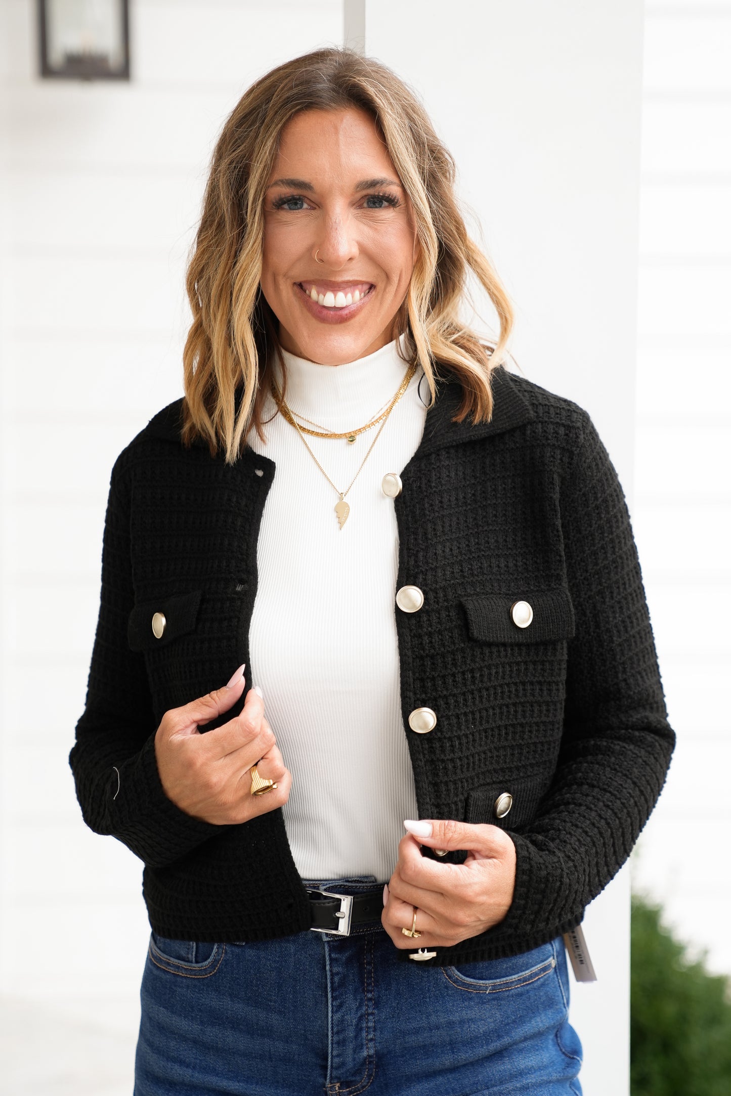 Textured Knit Long Sleeve Cardigan with Gold Buttons