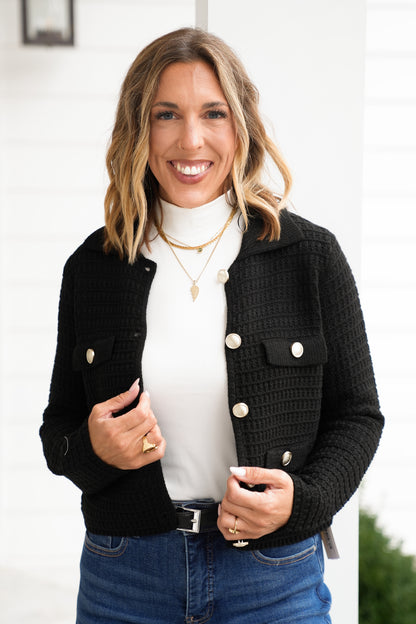 Textured Knit Long Sleeve Cardigan with Gold Buttons