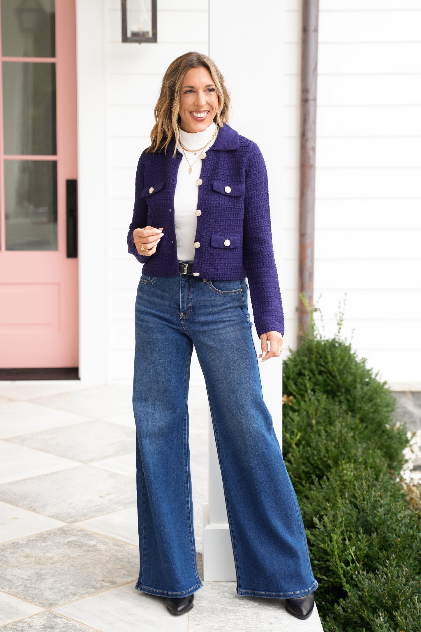 Textured Knit Long Sleeve Cardigan with Gold Buttons