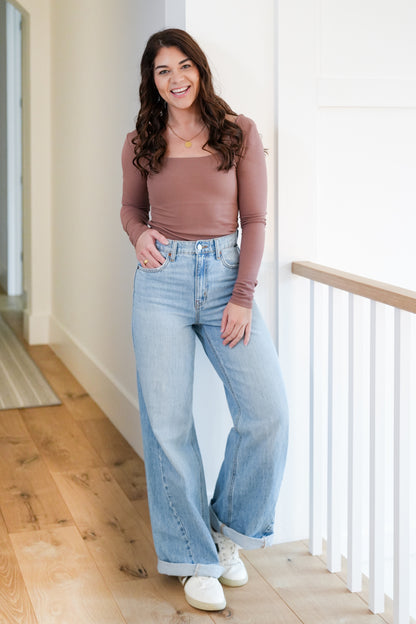 Ribbed Knit Long Sleeve Square Neck Top