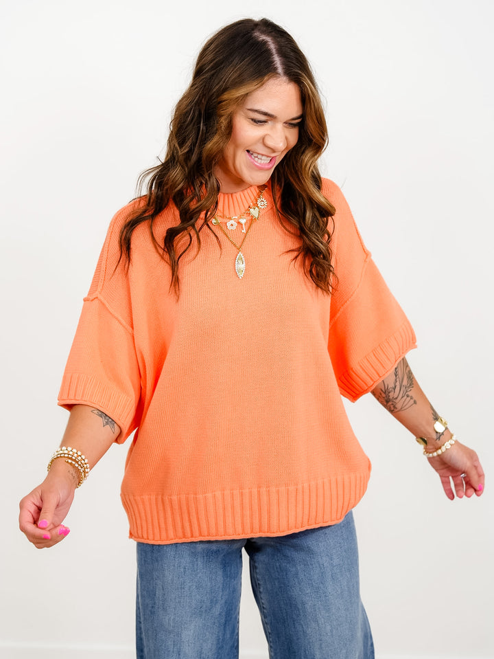 Solid Color Short Sleeve Crewneck Sweater