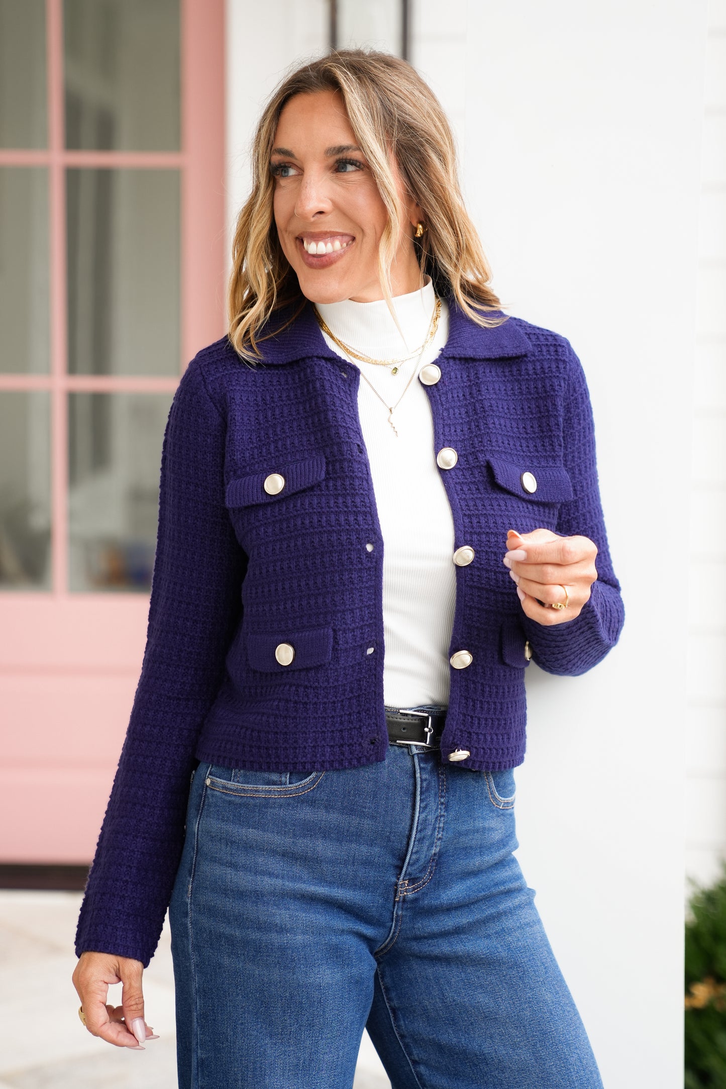 Textured Knit Long Sleeve Cardigan with Gold Buttons