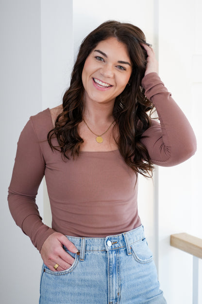 Ribbed Knit Long Sleeve Square Neck Top