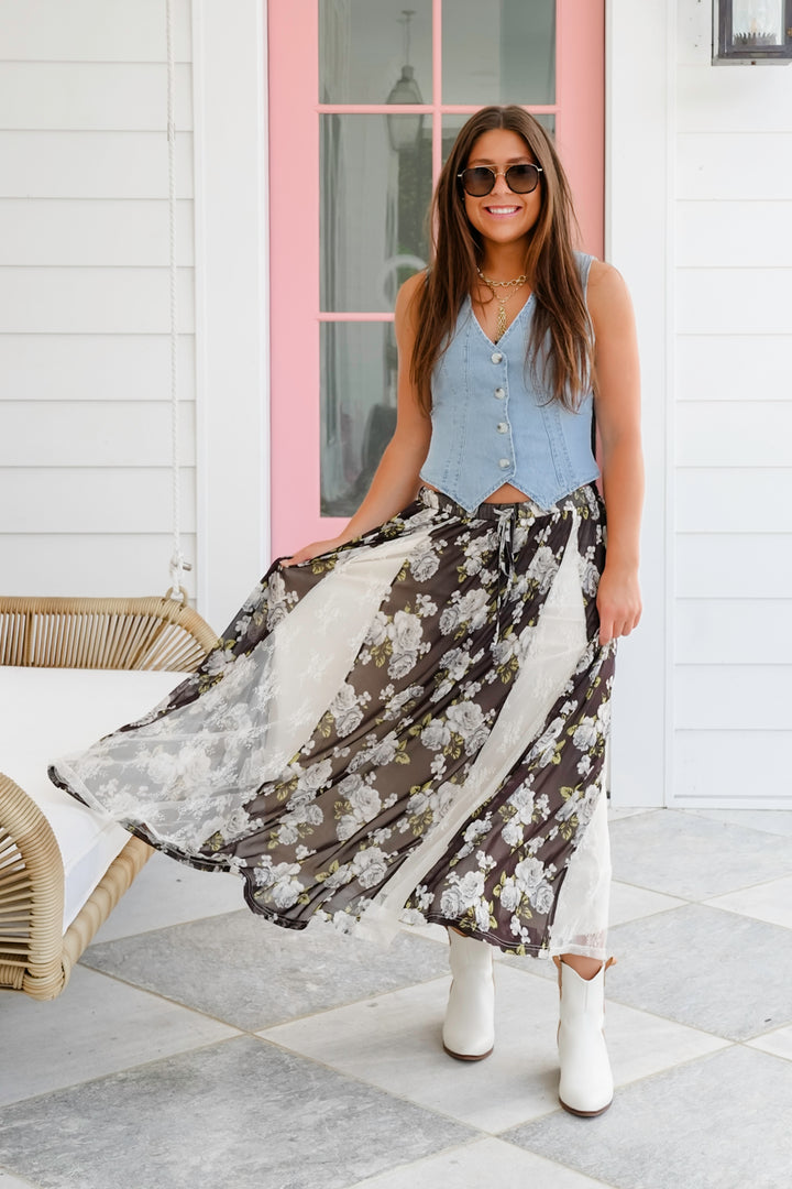 Floral Mesh Elastic Waist Maxi Skirt with Lace Detail