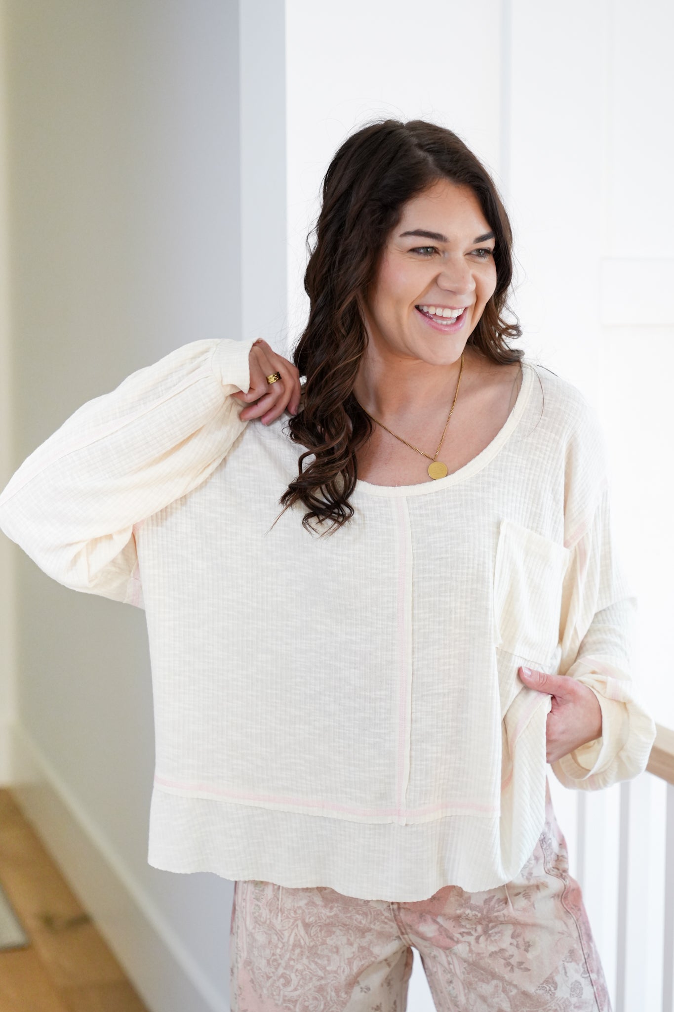 POL Ribbed Long Sleeve Round Neck Top with Chest Pocket