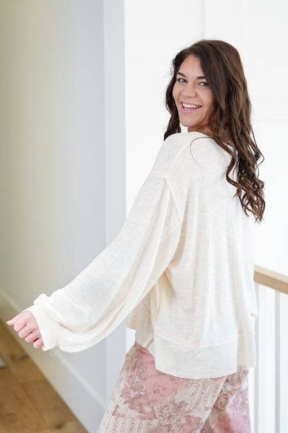 POL Ribbed Long Sleeve Round Neck Top with Chest Pocket