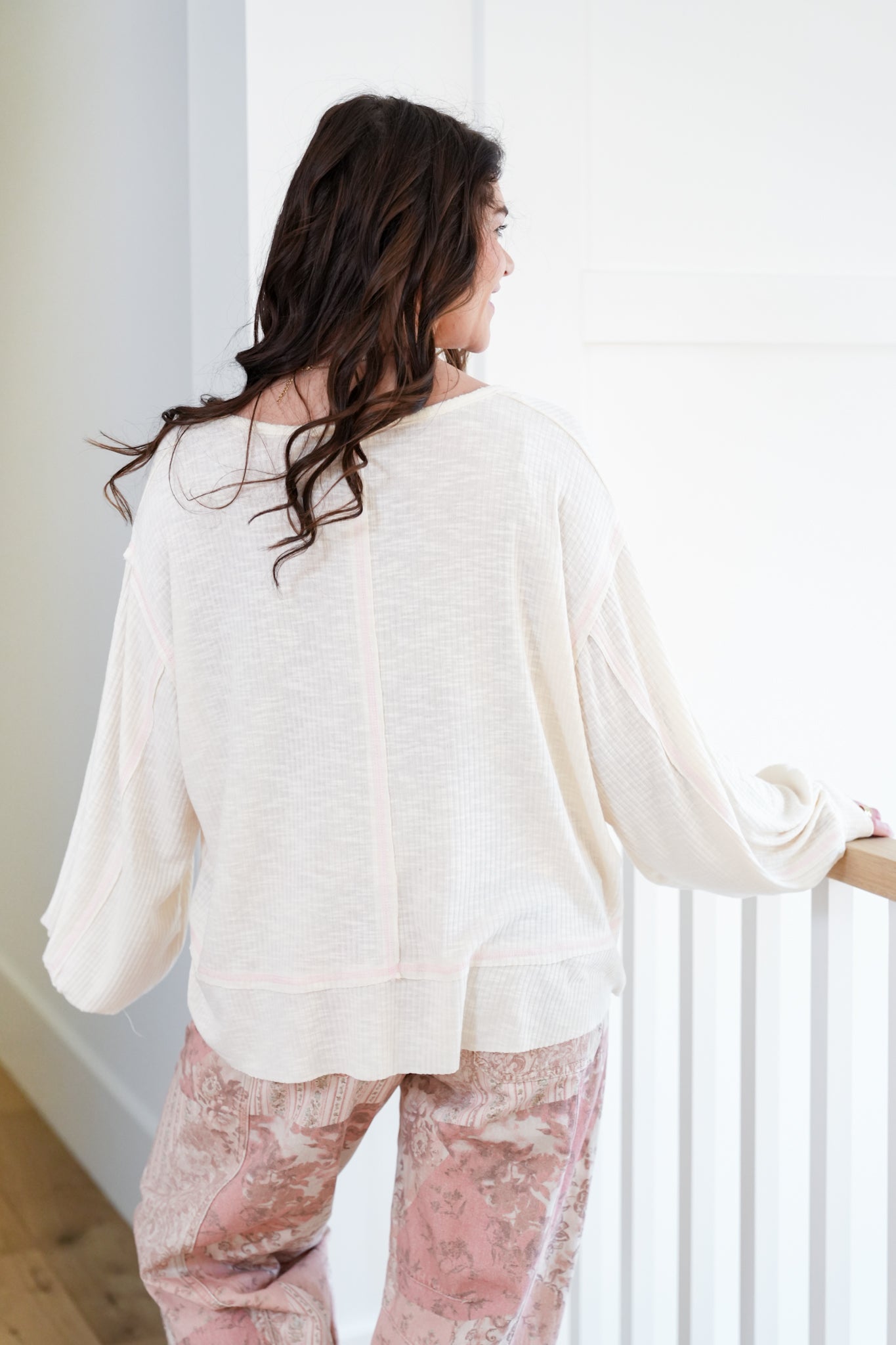 POL Ribbed Long Sleeve Round Neck Top with Chest Pocket